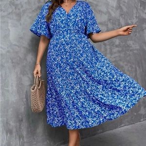 SOLD - Blue Floral Print Butterfly Sleeve Dress